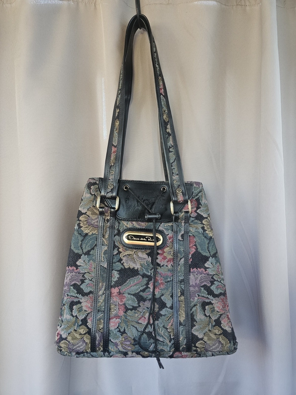 Vintage OSCAR DE LA RENTA Floral Tapestry Shoulder Bag with Leather Trim - Multi
